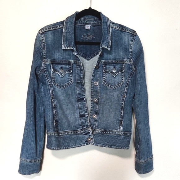 Y2K Silver Jeans Denim Button Up Cropped Fitted Jacket Women's Size Large - Picture 15 of 15
